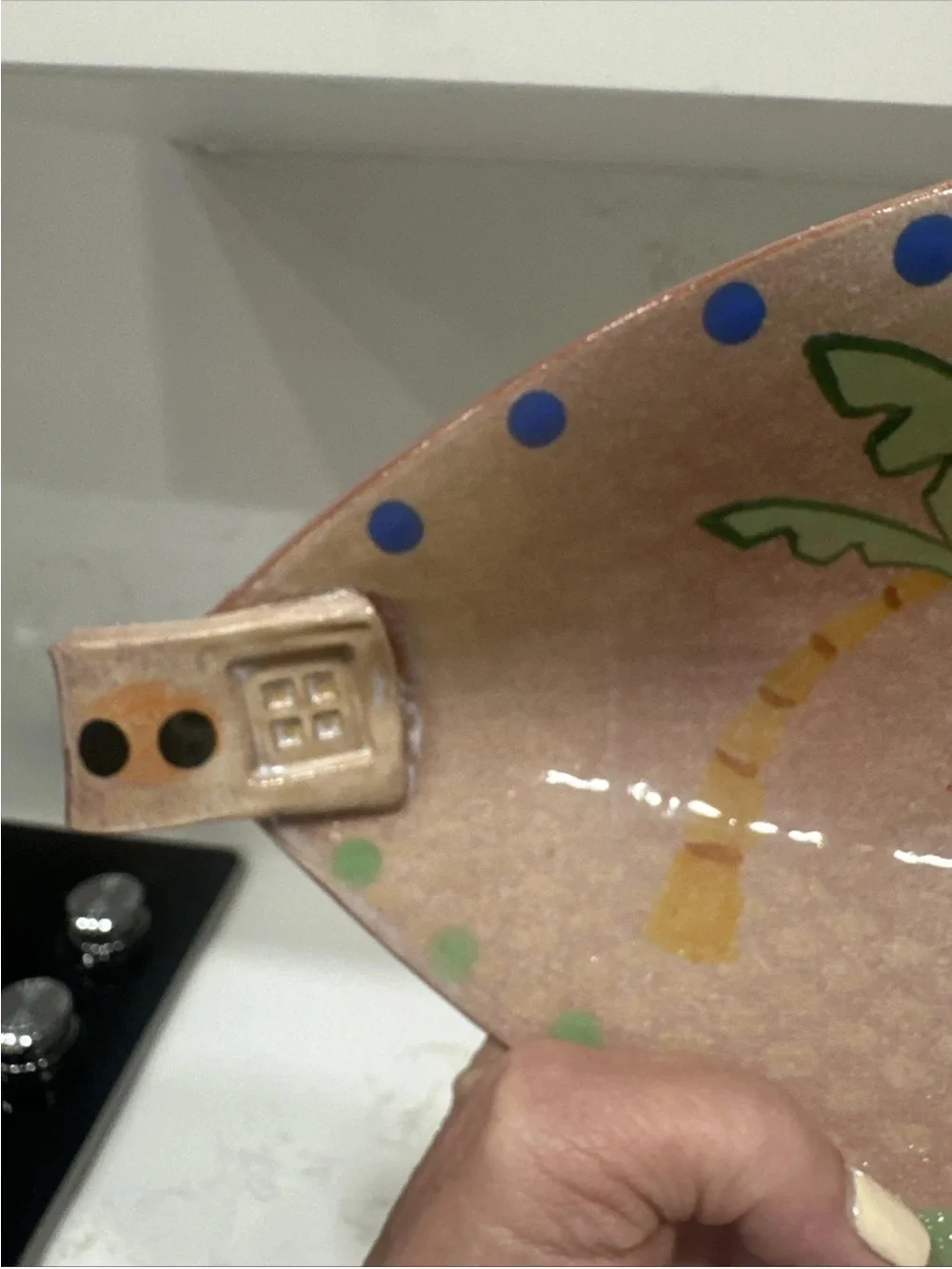 Hand Painted Oblong Pottery Dish Sun Palm Trees Cats Folk Art